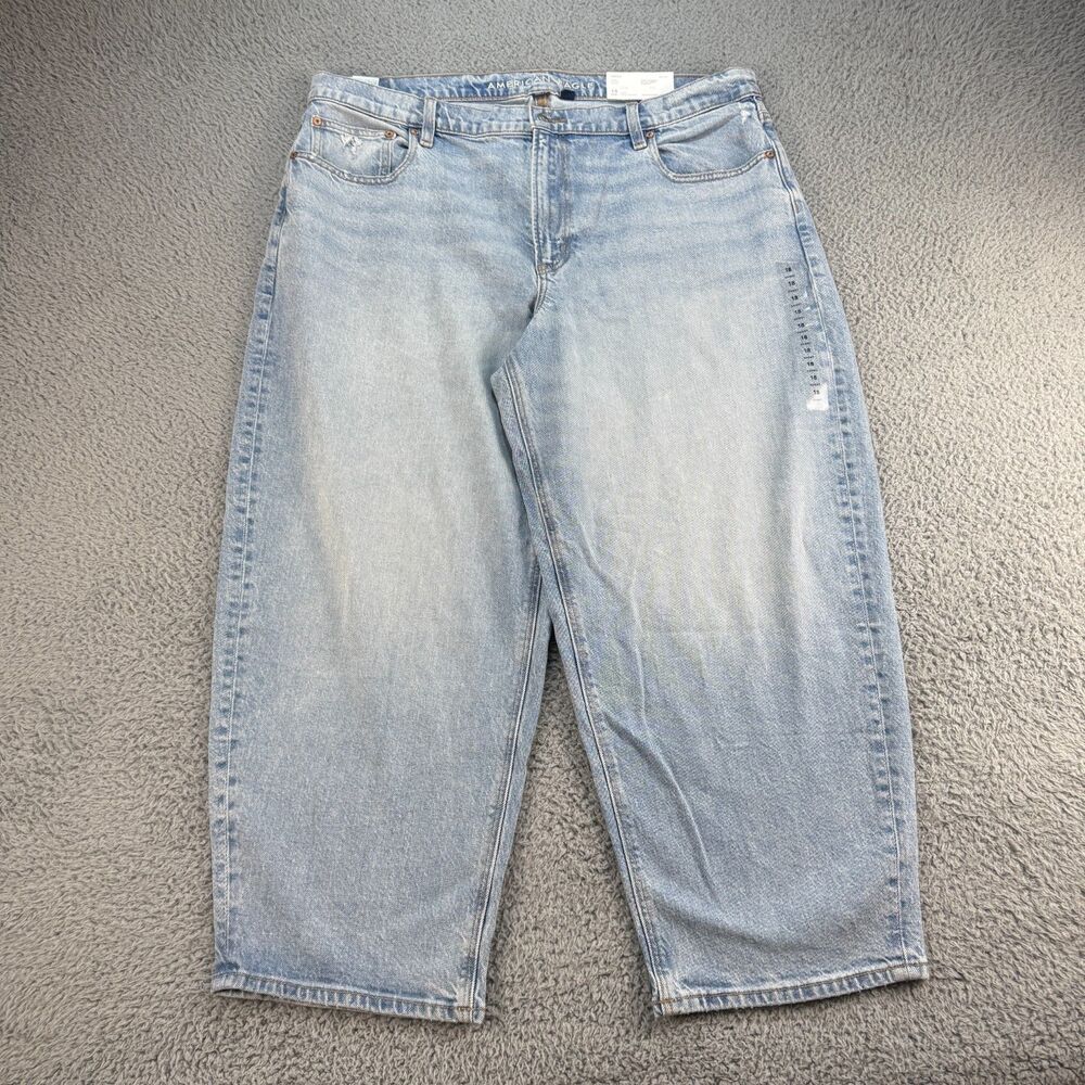 American Eagle Barrel Leg Baggy Jeans Women’s 18 34W Mid Rise Blue Denim Stretch